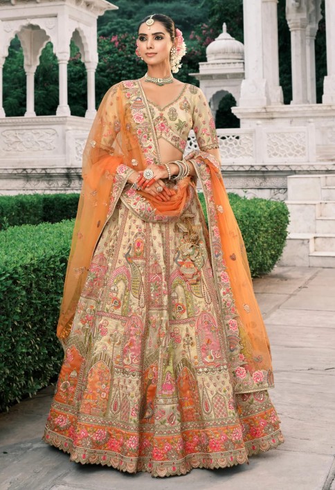 Beige & Orange Fancy Silk Lehenga Choli With Cut Work Embroidery Border & Stone Work